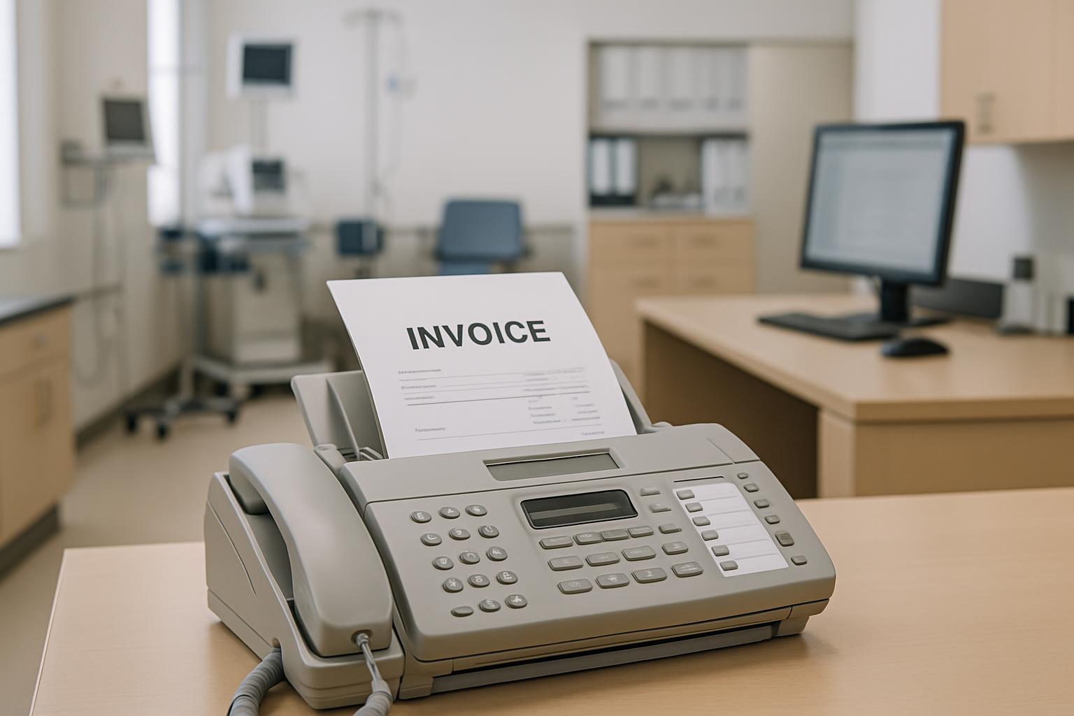 A fax machine sitting on an office desk prints an invoice.