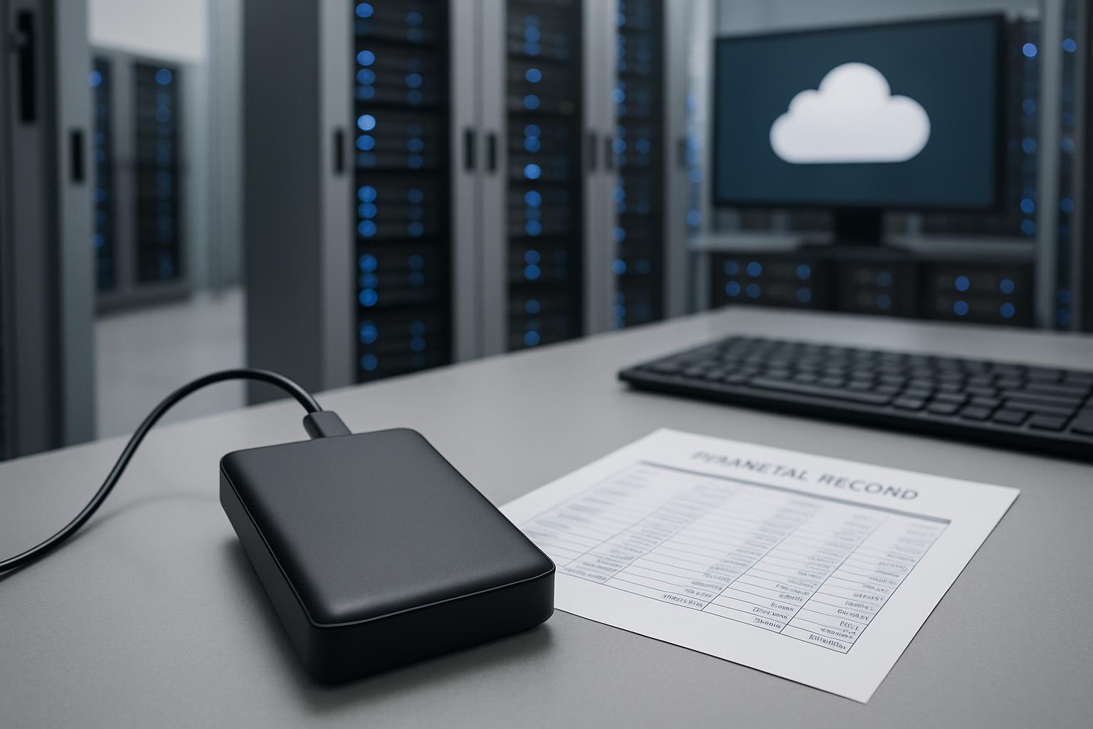A computer server room with rows of servers and a blue-lit cloud shown on the screen of one of them.