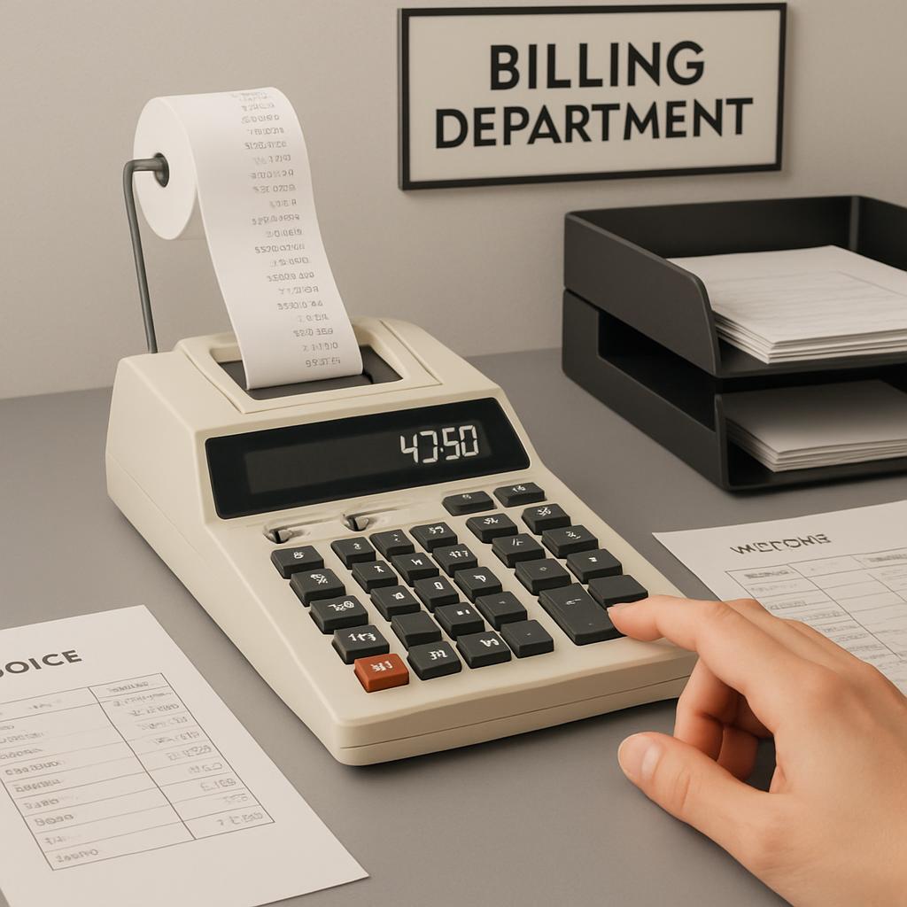 Image showing biller inputting taxes a calculator check for her latest subscriber who tried to FMLA from his job and is un...