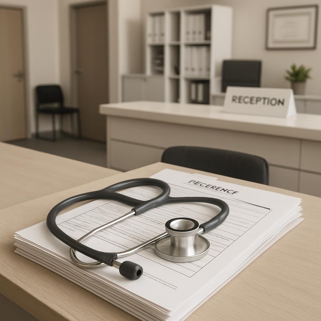 A doctor's office with a stethoscope and stack of papers on the reception desk.