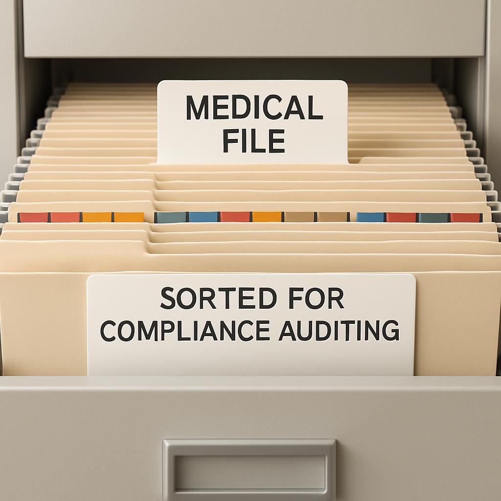 A filing cabinet filled half by a dysfluent file labeled "Medical File" and the other half by files identified as "Sorted ...